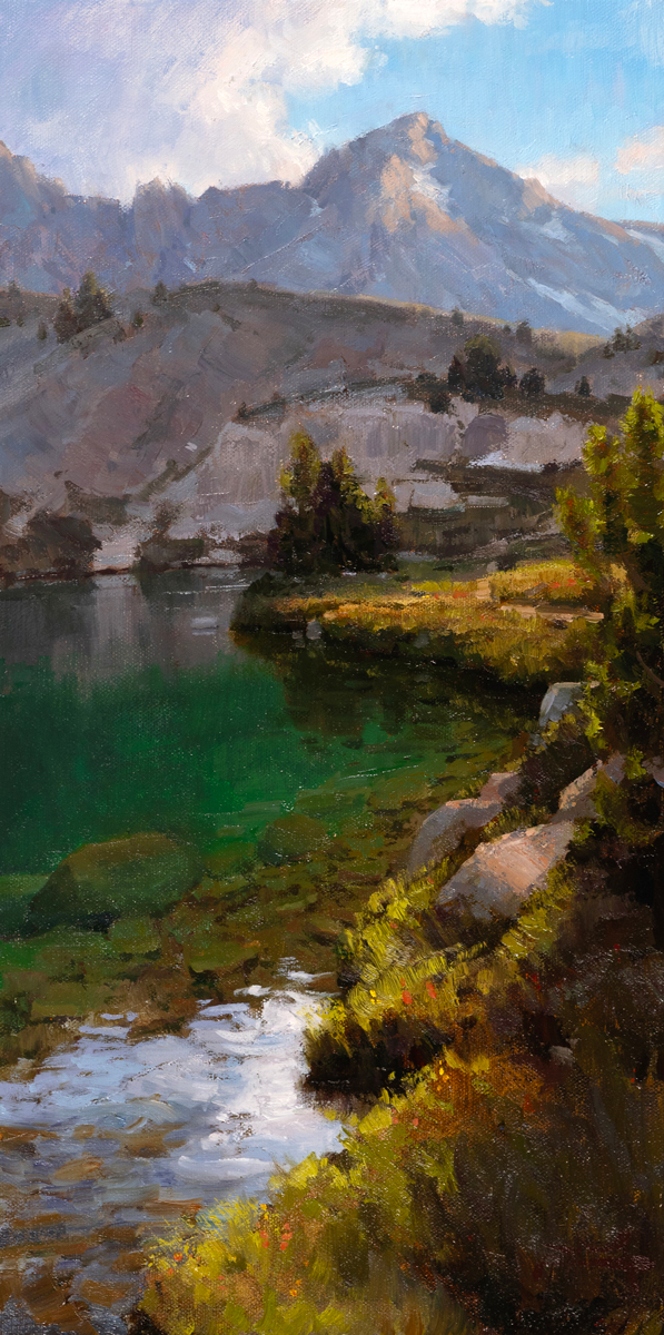 SOLD Alpine Shoreline Painting Available for Purchase by Robbie Moore, Western Artist at Dana Gallery in Missoula Montana