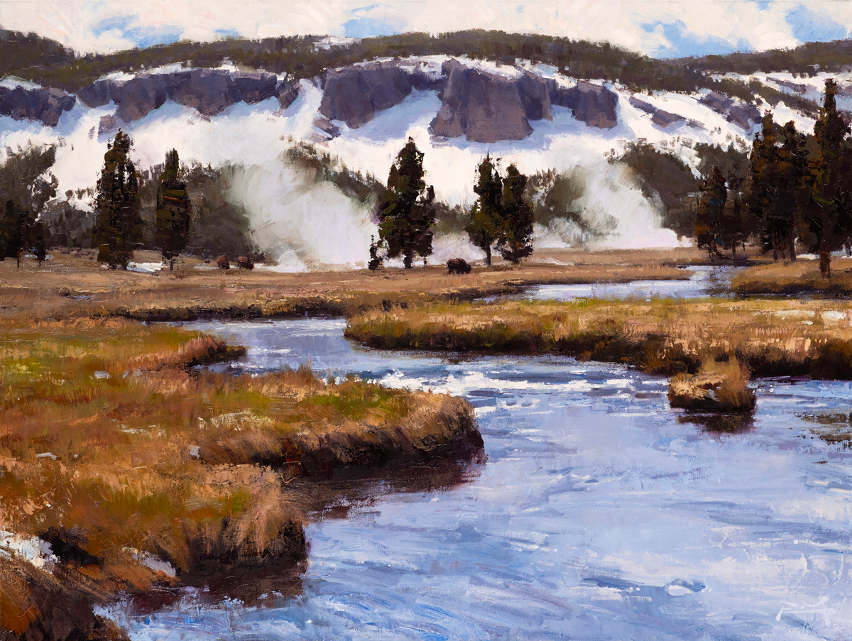 SOLD Montana Thaw Painting Available for Purchase by Robbie Moore, Western Artist at Dana Gallery in Missoula Montana